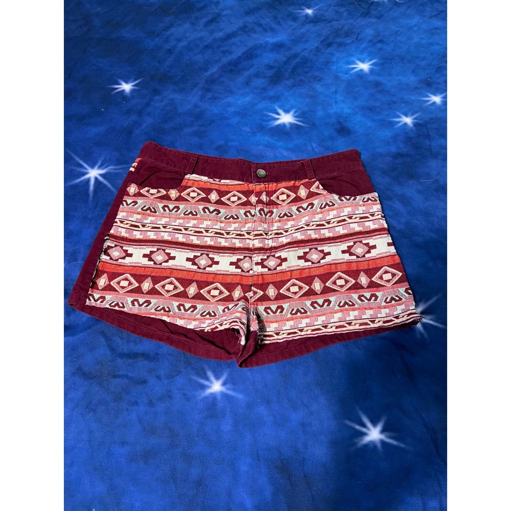 Umgee USA Southwestern Tapestry Shorts Burgundy Boho Geometric Size L J2672